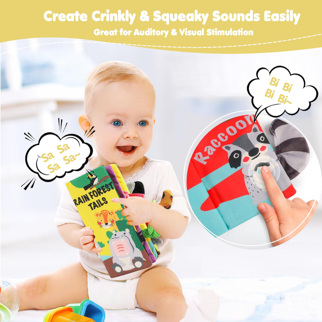 beiens Rainforest Tails Soft Cloth Book – Sensory Toy with Crinkle & Squeaker for Infants