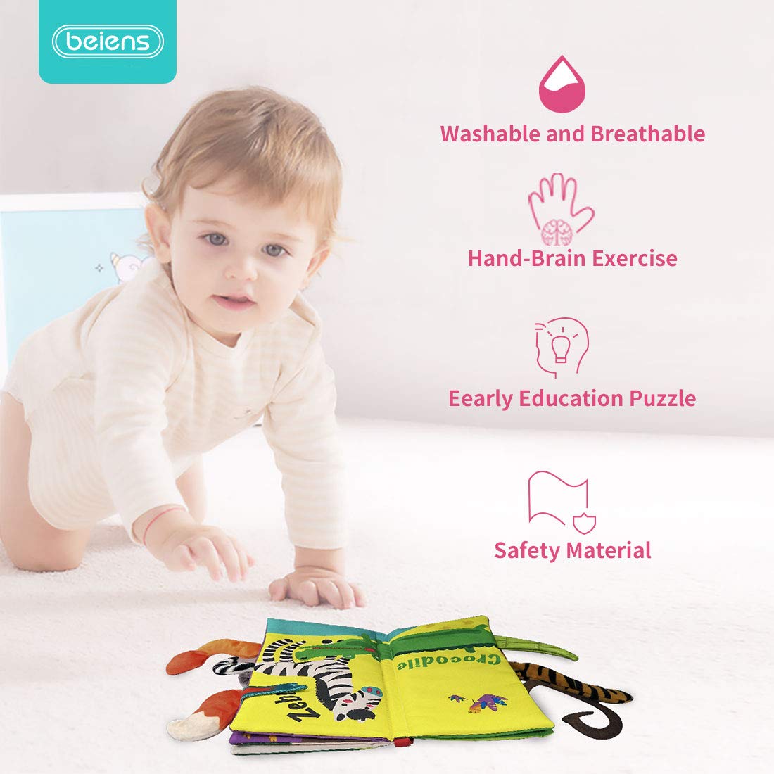 beiens Rainforest Tails Soft Cloth Book – Sensory Toy with Crinkle & Squeaker for Infants