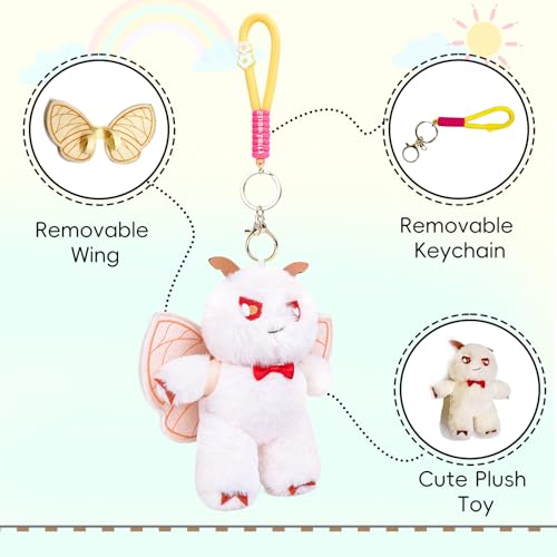 Beige Silk Moth Plush Keychain – 6.5in Soft Crystal Cotton Stuffed Animal Toy with Bow