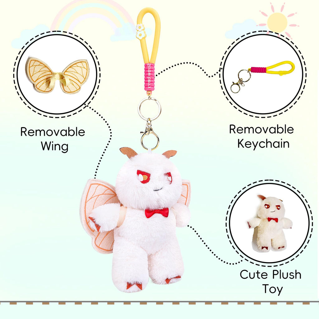 Beige Silk Moth Plush Keychain – 6.5in Soft Crystal Cotton Stuffed Animal Toy with Bow
