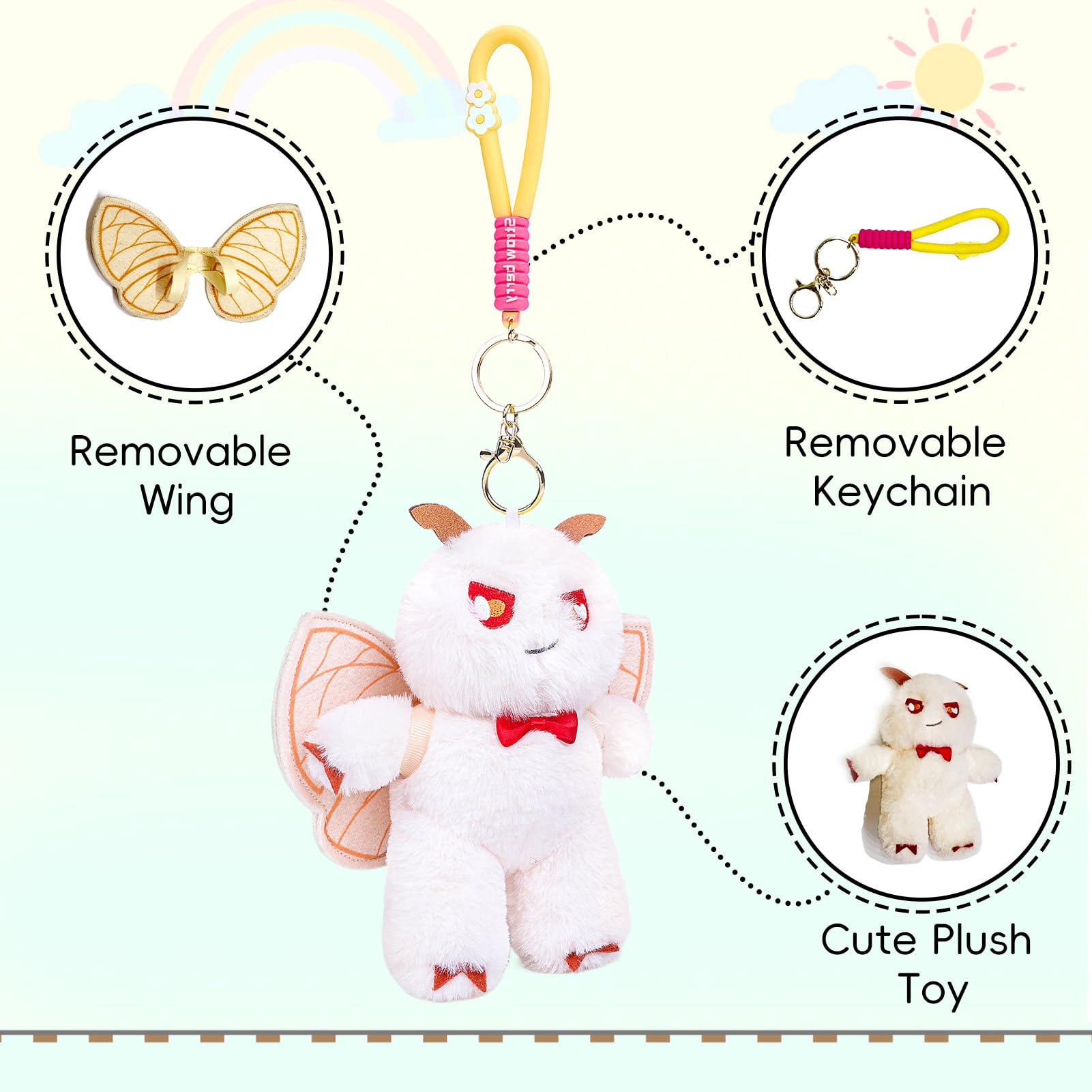 Beige Silk Moth Plush Keychain – 6.5in Soft Crystal Cotton Stuffed Animal Toy with Bow