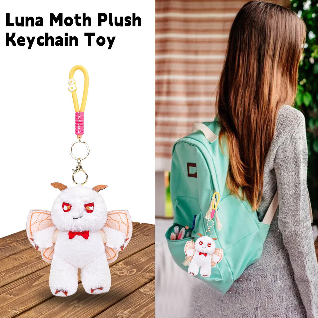 Beige Silk Moth Plush Keychain – 6.5in Soft Crystal Cotton Stuffed Animal Toy with Bow