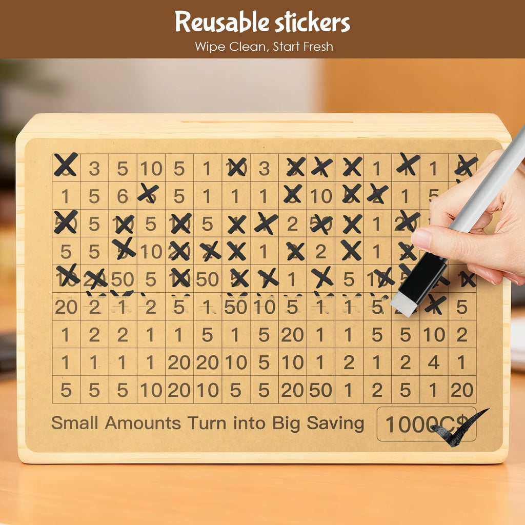 Bemaystar Natural Wood Money Saving Box with Pre-Printed Targets