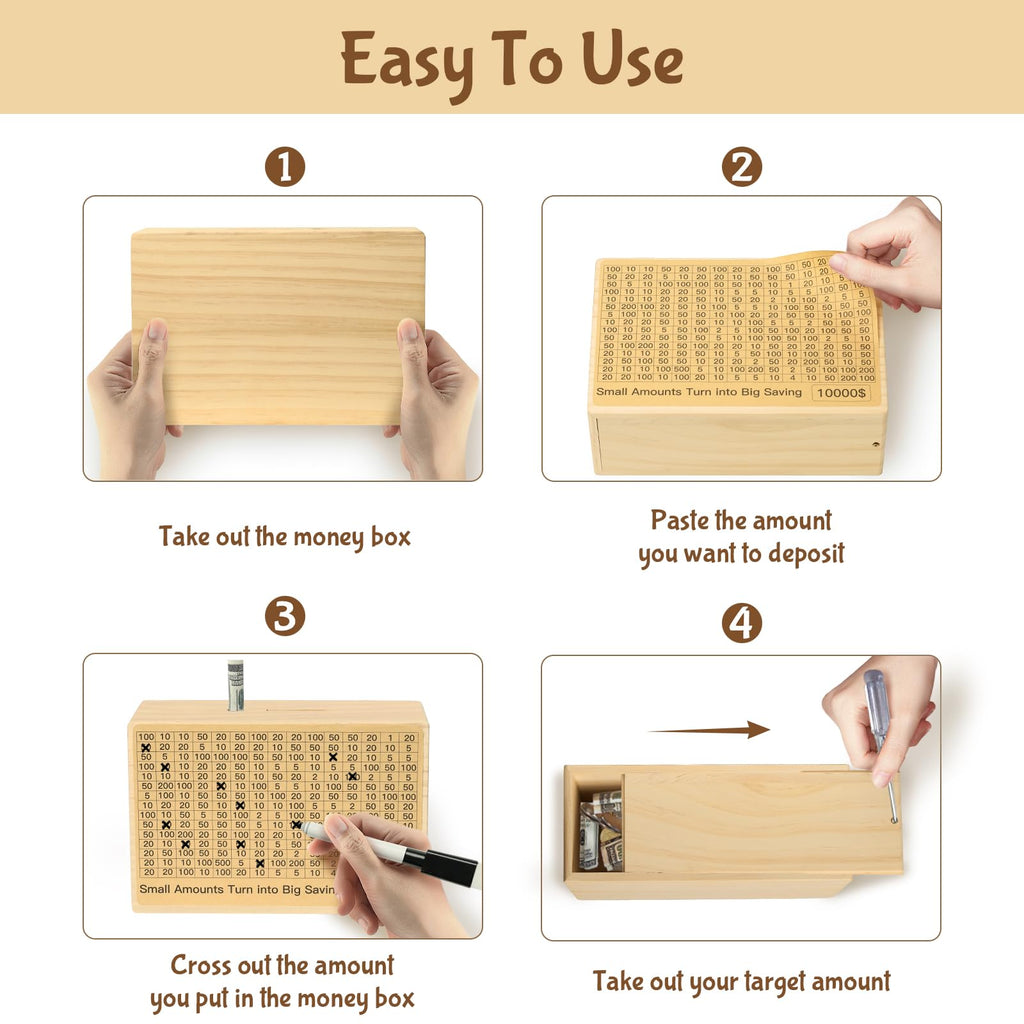 Bemaystar Natural Wood Money Saving Box with Pre-Printed Targets