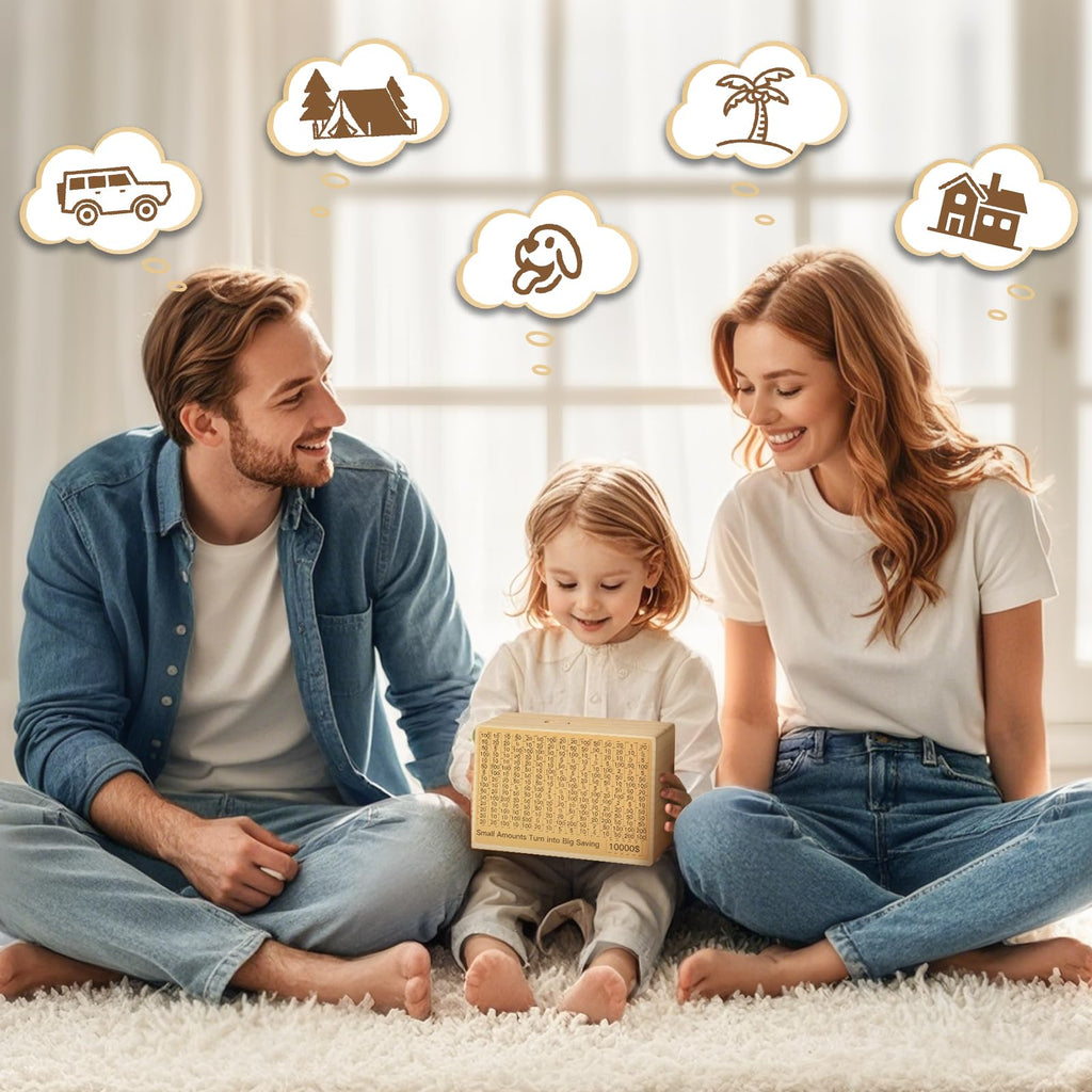 Bemaystar Natural Wood Money Saving Box with Pre-Printed Targets