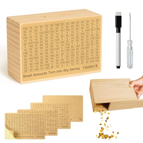 Bemaystar Natural Wood Money Saving Box with Pre-Printed Targets