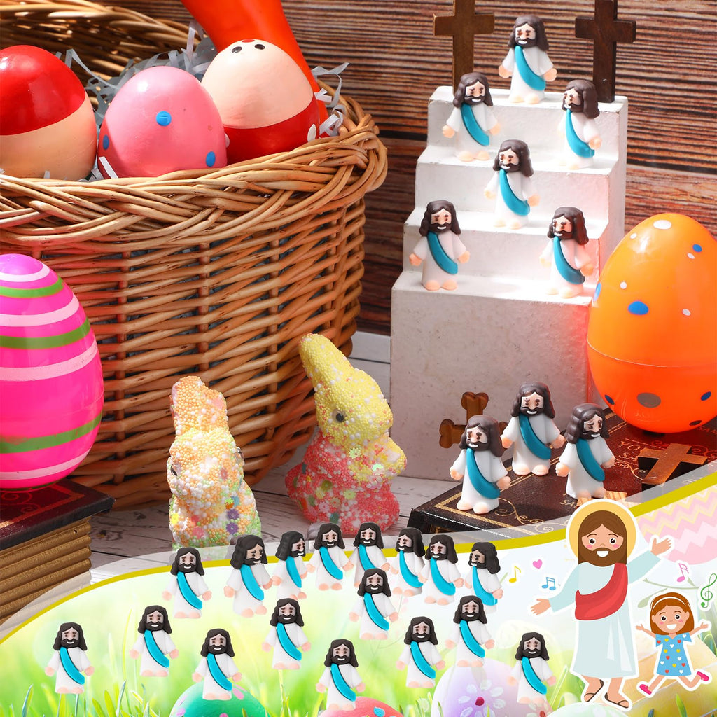 Bememo 100 Pack Mini Rubber Jesus Figurines – Cyan Color, 1.2 x 1.4 Inches, for Easter Eggs, Party Favors, Sunday School & Baptism Gifts