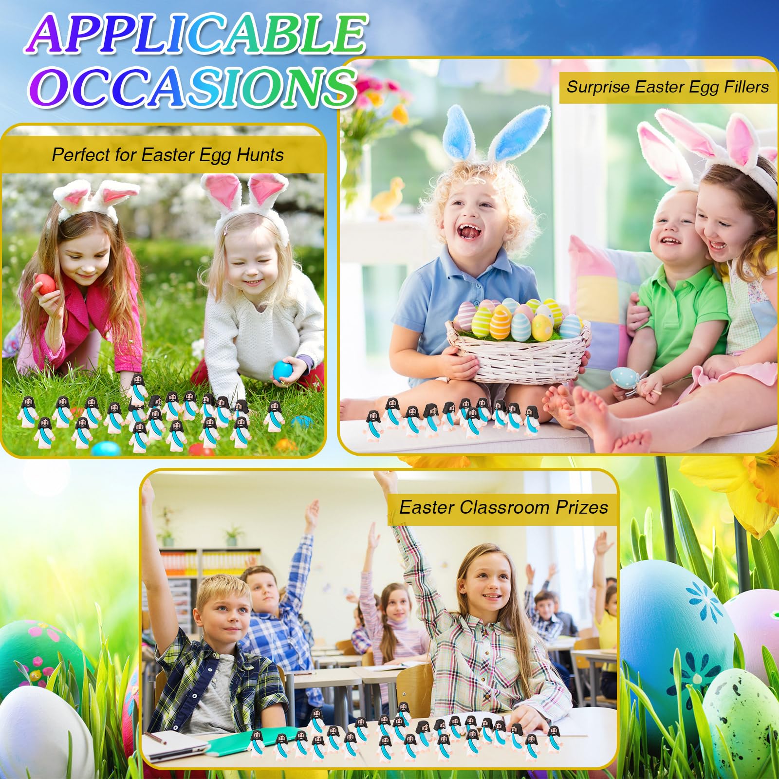 Bememo 100 Pack Mini Rubber Jesus Figurines – Cyan Color, 1.2 x 1.4 Inches, for Easter Eggs, Party Favors, Sunday School & Baptism Gifts
