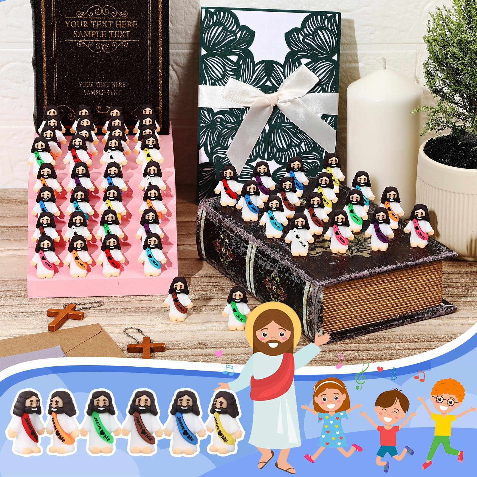 Bememo 50-Pack Mini Rubber Jesus Figurines for Hide and Seek, Party Favors, Easter Eggs, Sunday School Crafts