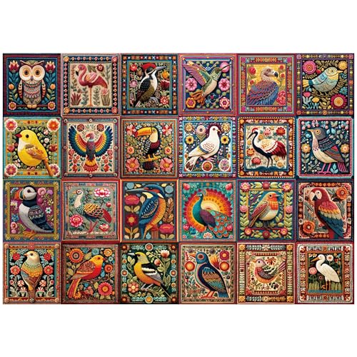 BenBen 1000-Piece Bird Crochet Puzzle – 24 Designs, Letters on Back, Poster Included
