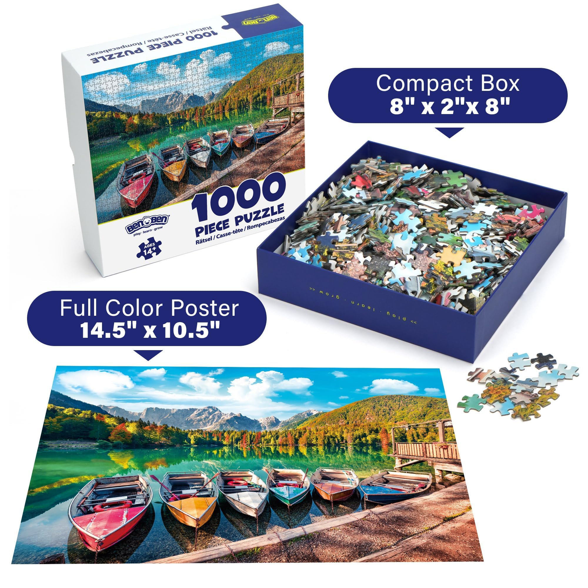 BenBen 1000 Piece Fusine Lake Jigsaw Puzzle – Letters on Back for Easy Sorting, Premium Cardboard, 26.63" x 19.25" Finished Size