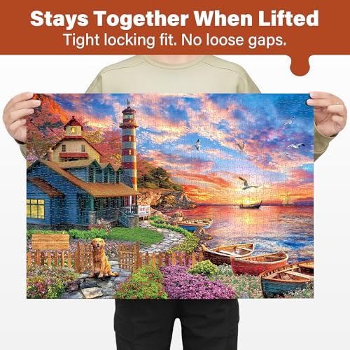 BenBen 1000 Piece Sunset Lighthouse Jigsaw Puzzle – Premium Quality, Letters on Back, Poster Included