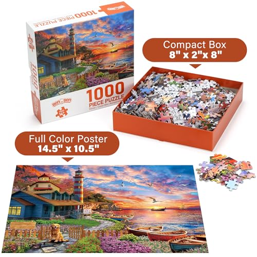 BenBen 1000 Piece Sunset Lighthouse Jigsaw Puzzle – Premium Quality, Letters on Back, Poster Included