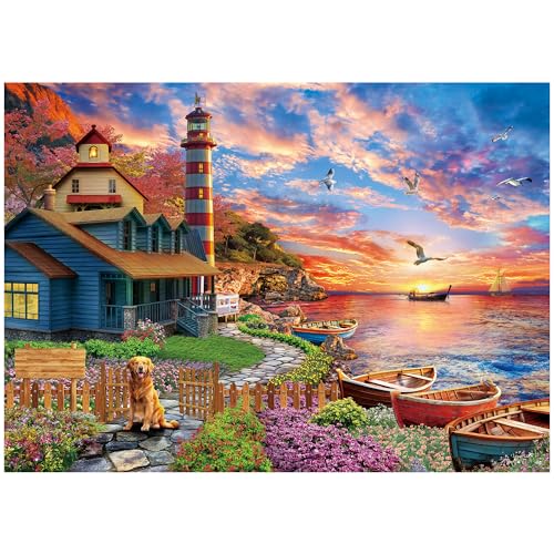 BenBen 1000 Piece Sunset Lighthouse Jigsaw Puzzle – Premium Quality, Letters on Back, Poster Included