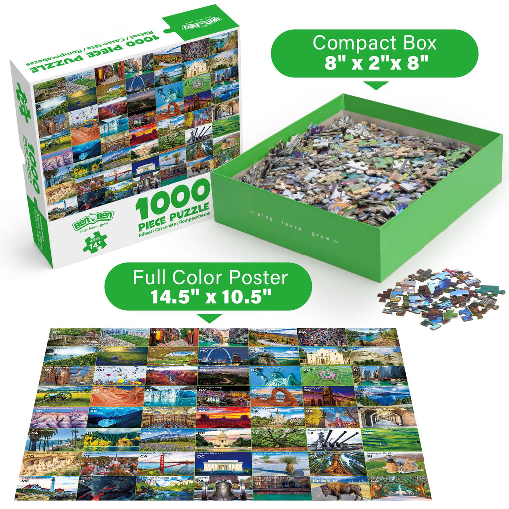 BenBen 1000-Piece USA Landmarks Puzzle – 56 National Parks & Iconic Sites with Pattern Hints on Back