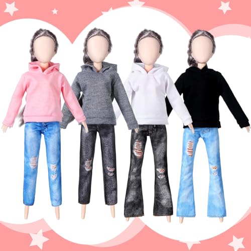 Bencailor 8-Piece Doll Clothes Set - Cotton Sweaters & Denim Pants for 11.5 Inch Dolls (Black, White, Grey, Pink)
