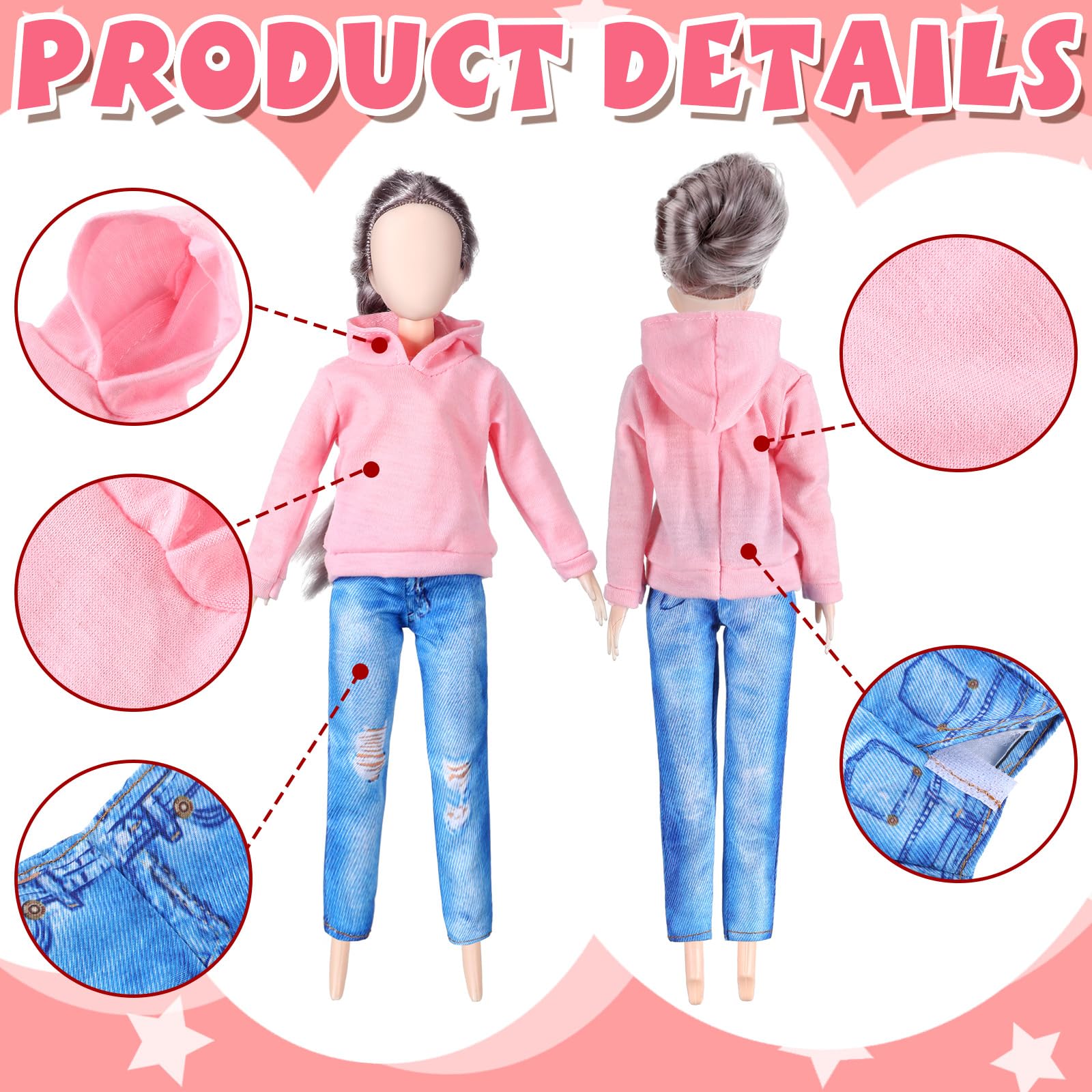 Bencailor 8-Piece Doll Clothes Set - Cotton Sweaters & Denim Pants for 11.5 Inch Dolls (Black, White, Grey, Pink)