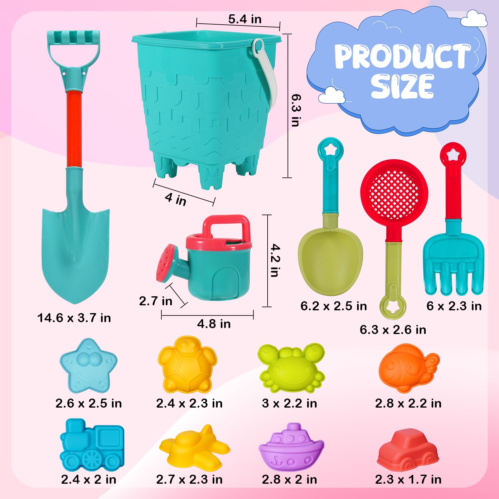 BeneFine 14-Piece Beach Toys Set – Castle Bucket, Shovels, Sea Animal & Traffic Sand Molds, Outdoor Fun for Kids
