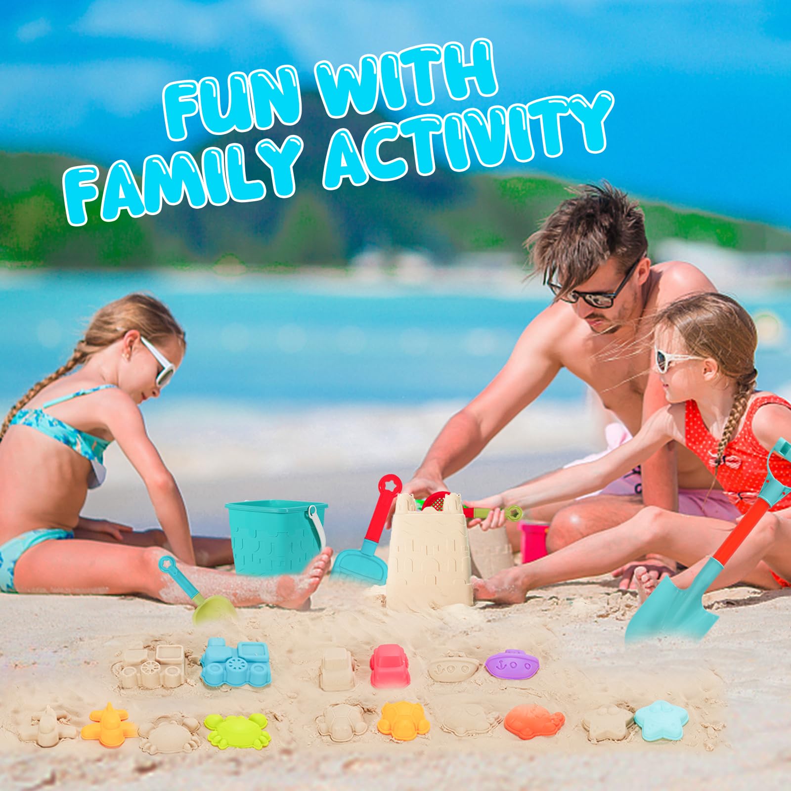 BeneFine 14-Piece Beach Toys Set – Castle Bucket, Shovels, Sea Animal & Traffic Sand Molds, Outdoor Fun for Kids