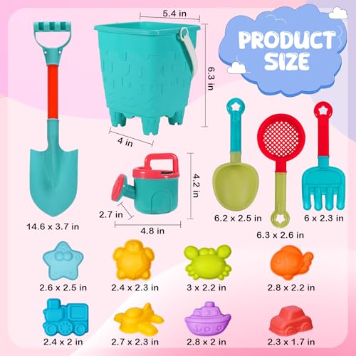 BeneFine 14-Piece Beach Toys Set – Castle Bucket, Shovels, Sea Animal & Traffic Sand Molds, Outdoor Fun for Kids