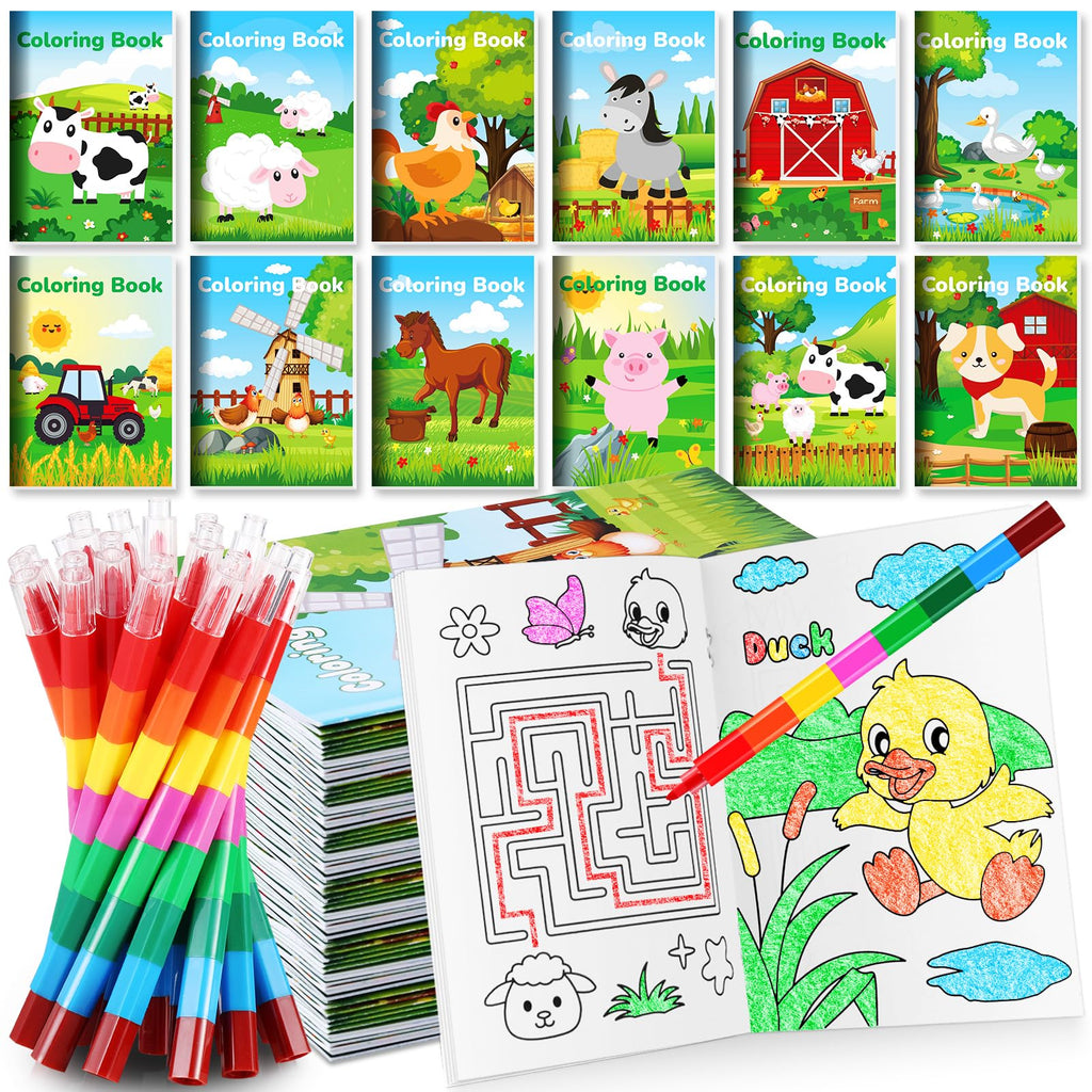 BenLouis 12 Farm Animals Mini Coloring Books with 12 Stacking Crayons for Kids Party Favors and Travel