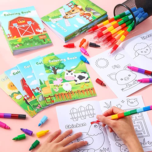 BenLouis 12 Farm Animals Mini Coloring Books with 12 Stacking Crayons for Kids Party Favors and Travel