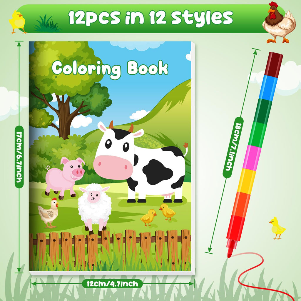 BenLouis 12 Farm Animals Mini Coloring Books with 12 Stacking Crayons for Kids Party Favors and Travel