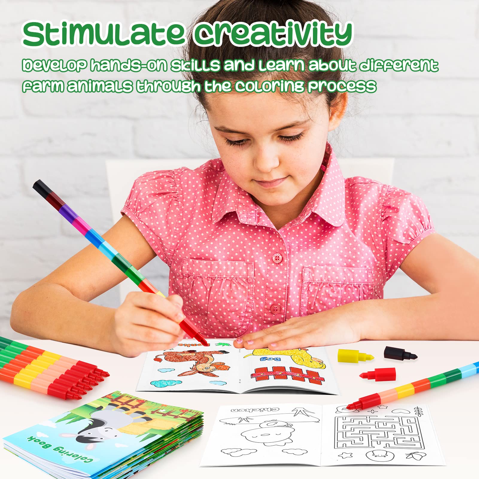 BenLouis 12 Farm Animals Mini Coloring Books with 12 Stacking Crayons for Kids Party Favors and Travel