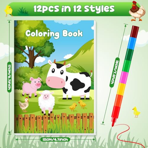 BenLouis 12 Farm Animals Mini Coloring Books with 12 Stacking Crayons for Kids Party Favors and Travel