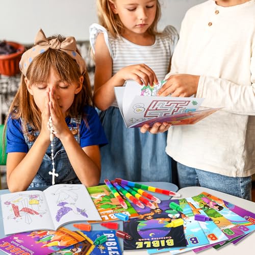 BenLouis 12 Mini Christian Coloring Books with 12 Stacking Crayons - Bulk Bible Verse Activity Books for Kids Party Favors