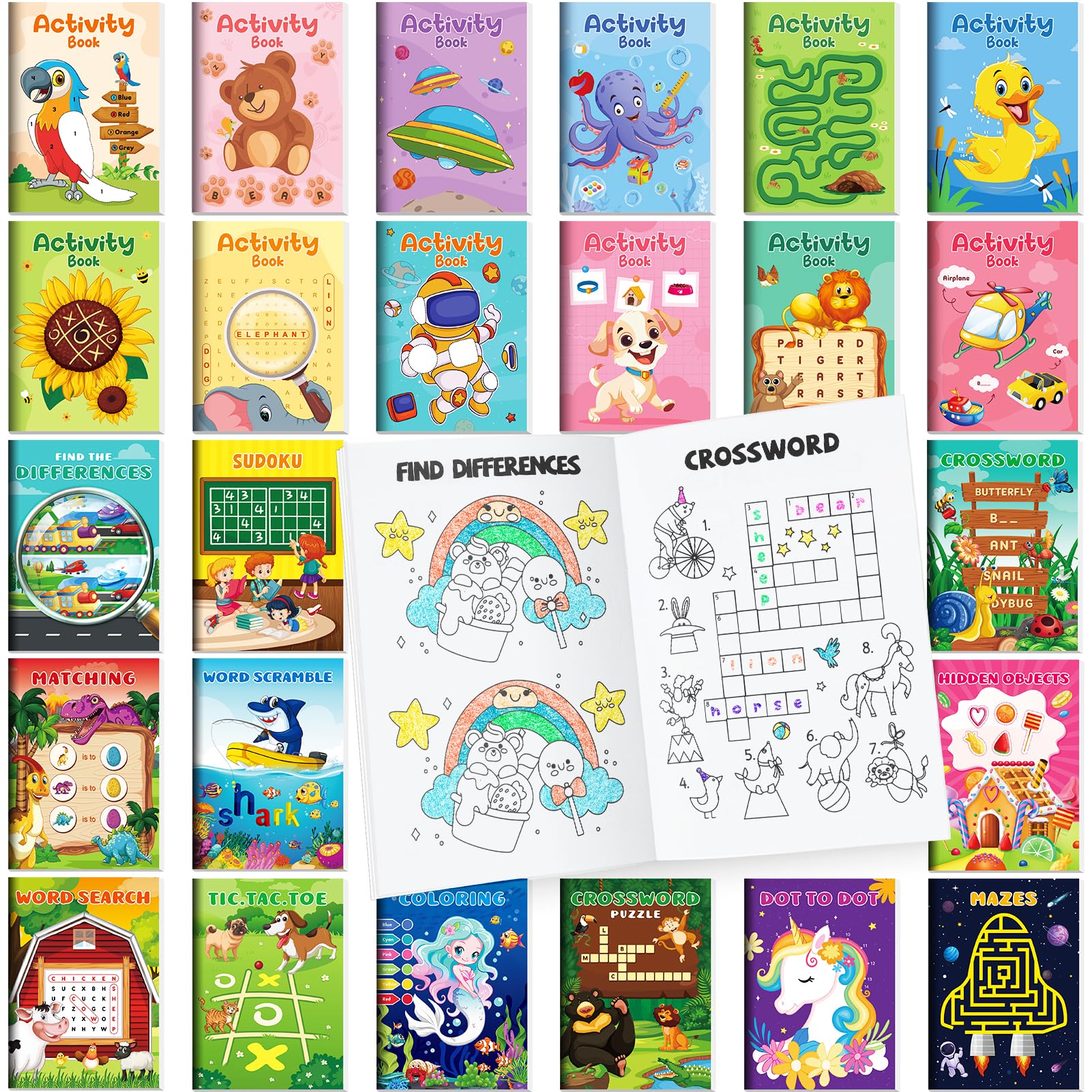 BenLouis 24 Mini Activity Books for Kids Ages 4-12 - Assorted Puzzles, Mazes, Coloring Pages - Party Favors, Goodie Bag Stuffers