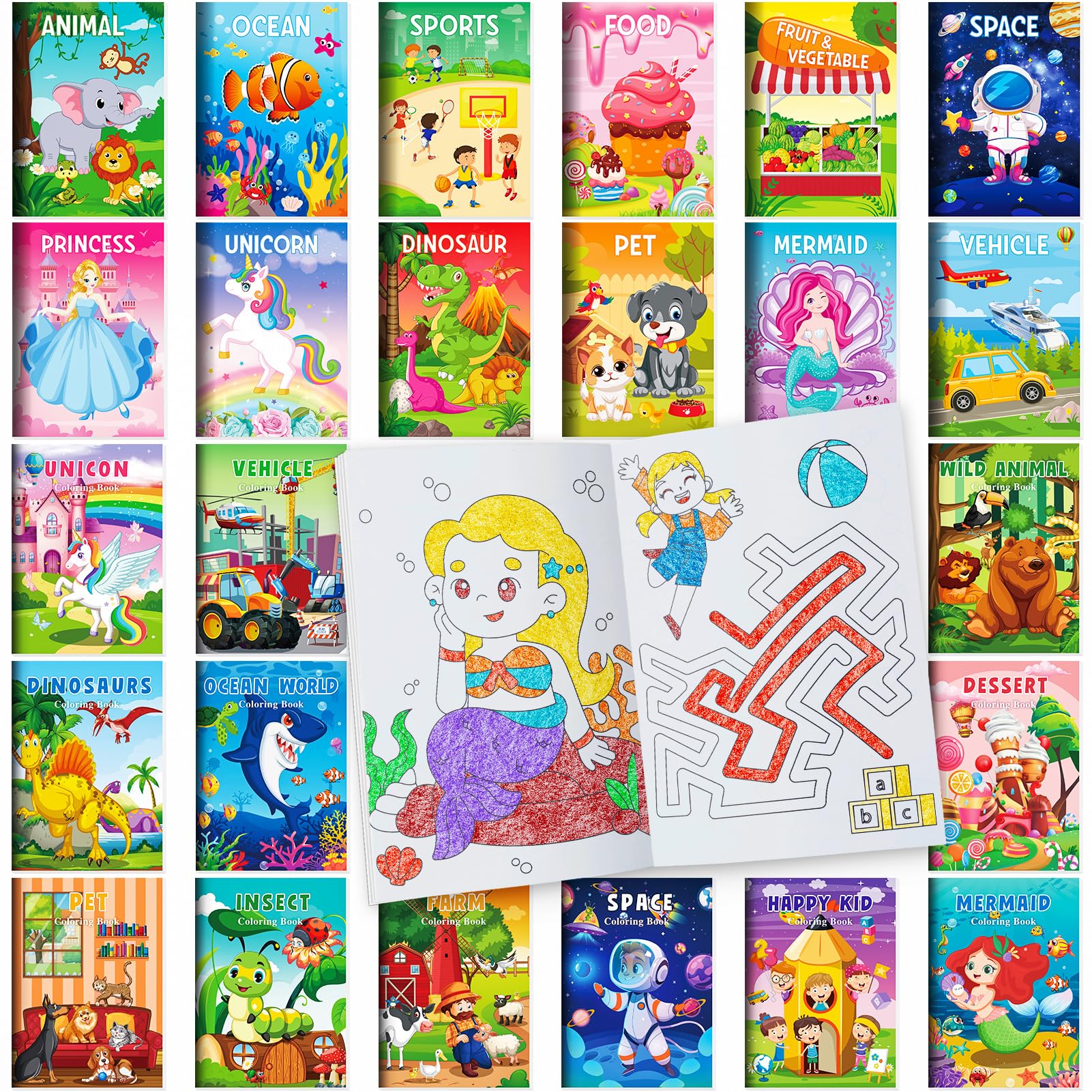BenLouis 24 Mini Coloring Books Bulk – Small Activity Books for Kids Ages 4-12, Party Favors, Goodie Bags, Travel, 12 Styles, 6 Pages Each