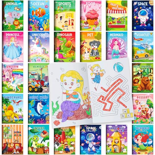 BenLouis 24 Mini Coloring Books Bulk – Small Activity Books for Kids Ages 4-12, Party Favors, Goodie Bags, Travel, 12 Styles, 6 Pages Each