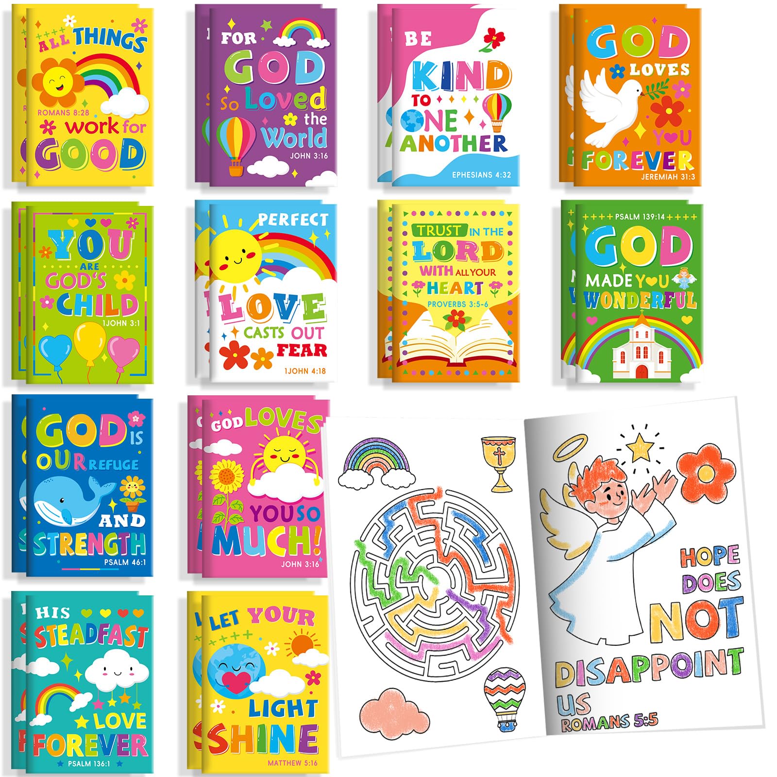 BenLouis 24 Pack Bible Verses Mini Coloring Books for Kids - 72 Patterns, Christian Party Favors, Sunday School Goodie Bag Fillers