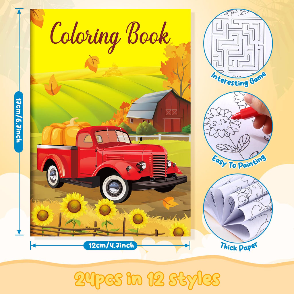 BenLouis 24-Pack Fall Mini Coloring Books for Kids – Autumn Harvest Party Favors, 12 Styles, 72 Patterns