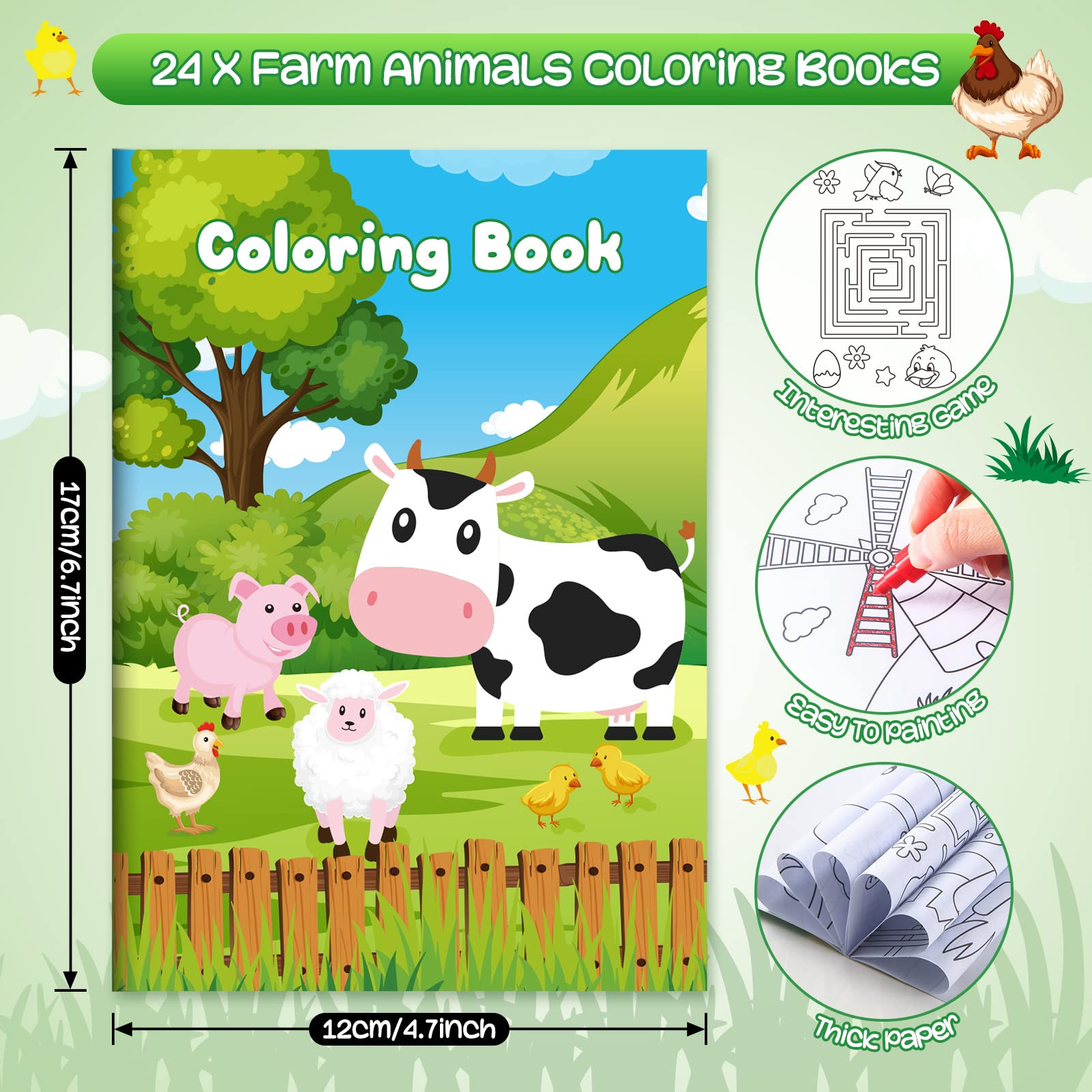 BenLouis 24 Pack Farm Animals Mini Coloring Books - Bulk Party Favors for Kids