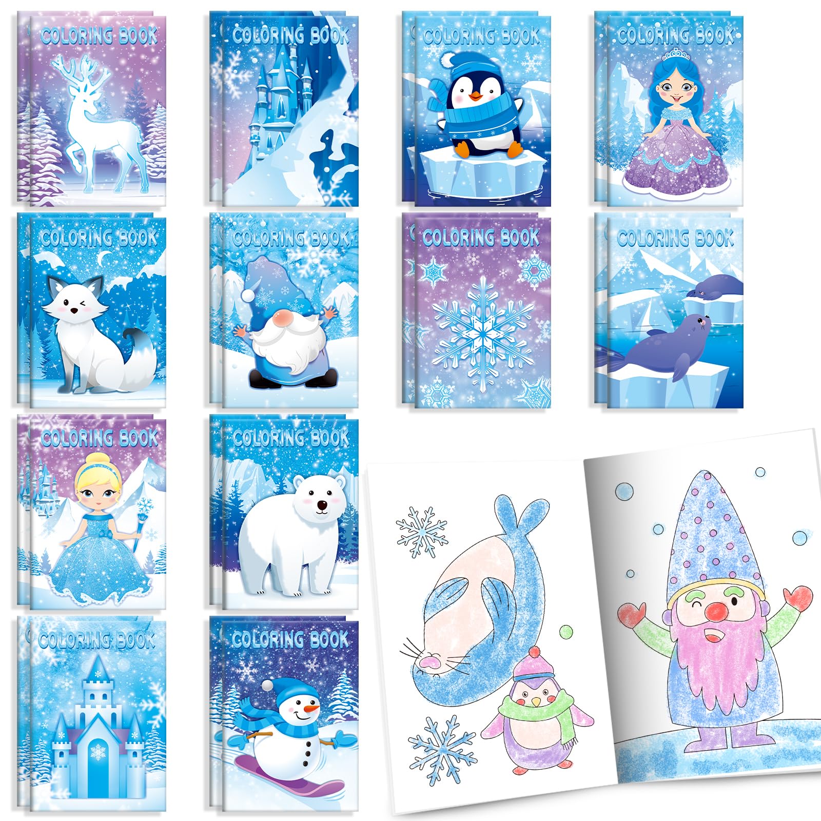 BenLouis 24 Pack Frozen Mini Coloring Books - 12 Styles, 72 Patterns - Winter Party Favors for Kids