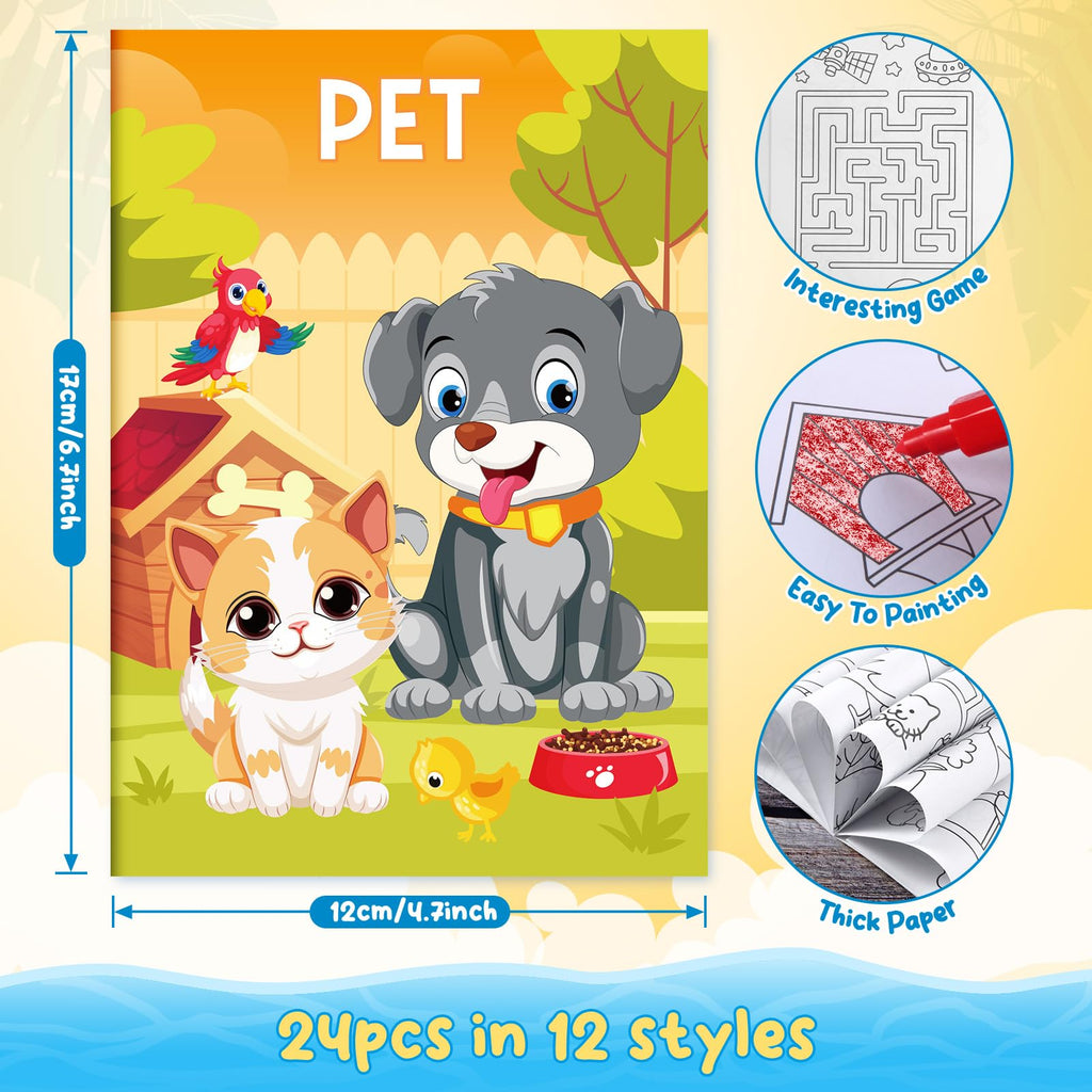 BenLouis 24-Pack Mini Coloring Books for Kids Ages 4-12 - Small Activity Books for Party Favors, Goodie Bags, Classroom, Travel (Animal Themes, 72 Patterns)