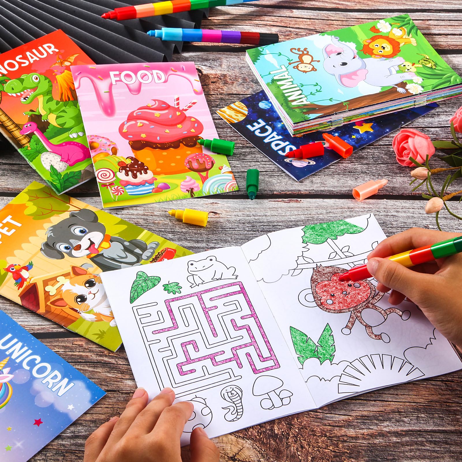 BenLouis 24-Pack Mini Coloring Books for Kids Ages 4-12 - Small Activity Books for Party Favors, Goodie Bags, Classroom, Travel (Animal Themes, 72 Patterns)