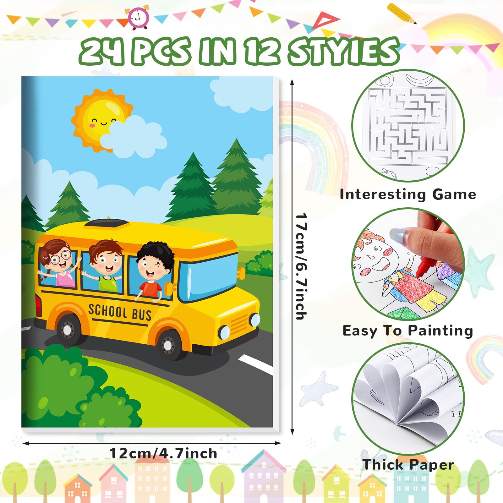 BenLouis 24-Pack Mini Coloring Books for Preschool & Kindergarten – Bulk Party Favors, 72 Patterns, 6.7x4.7 Inch Small Activity Books for Goodie Bags, Travel, Classroom Rewards
