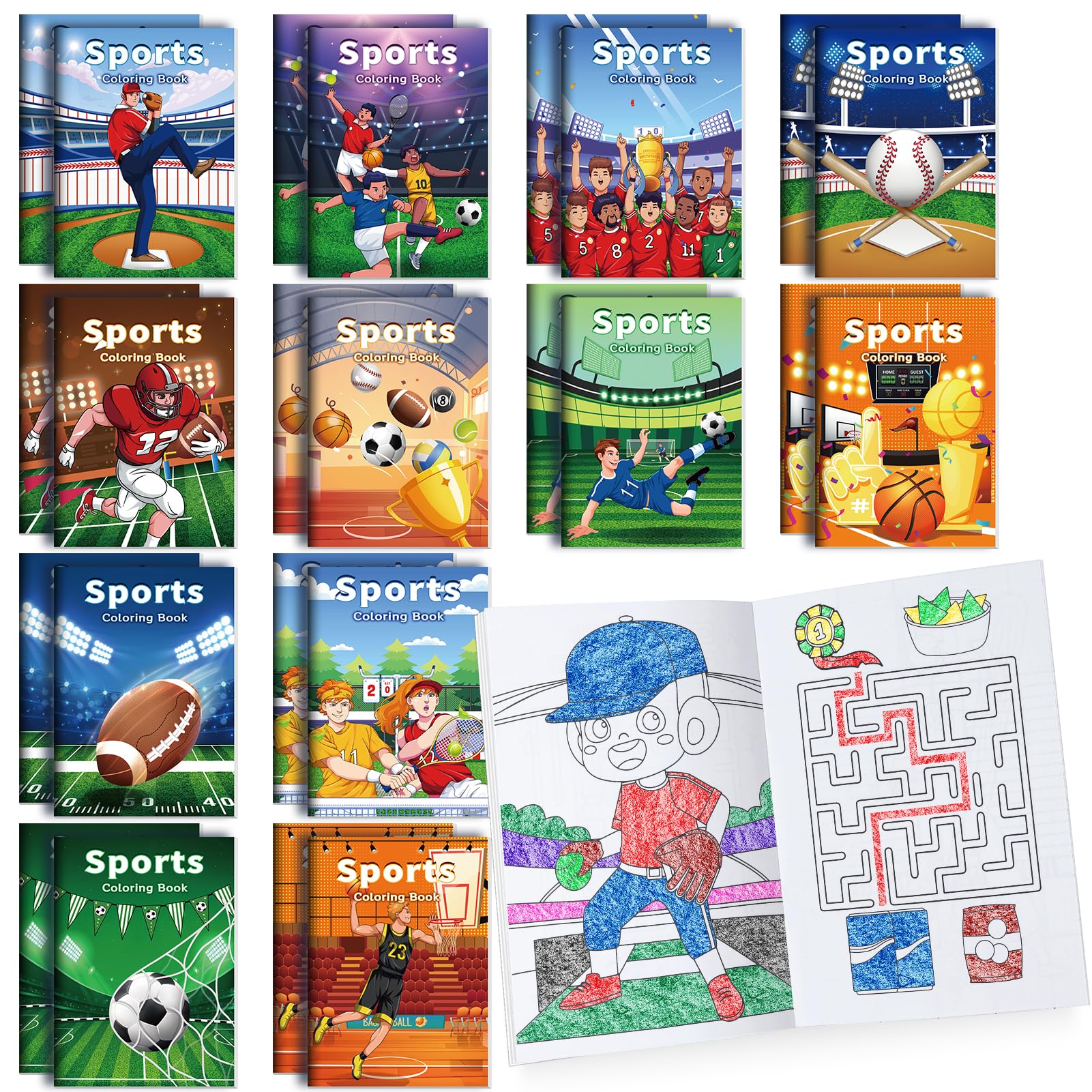 BenLouis 24-Pack Mini Sports Coloring Books – 12 Styles, 72 Patterns for Kids Party Favors