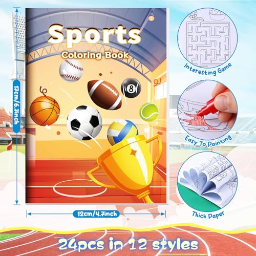 BenLouis 24-Pack Mini Sports Coloring Books – 12 Styles, 72 Patterns for Kids Party Favors