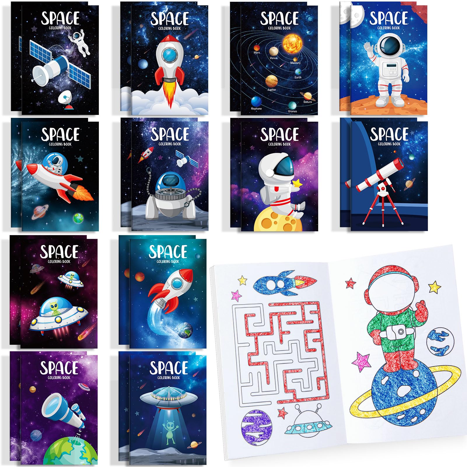 BenLouis 24 Pack Outer Space Mini Coloring Books for Kids - Astronaut Party Favors, Small Activity Books Bulk