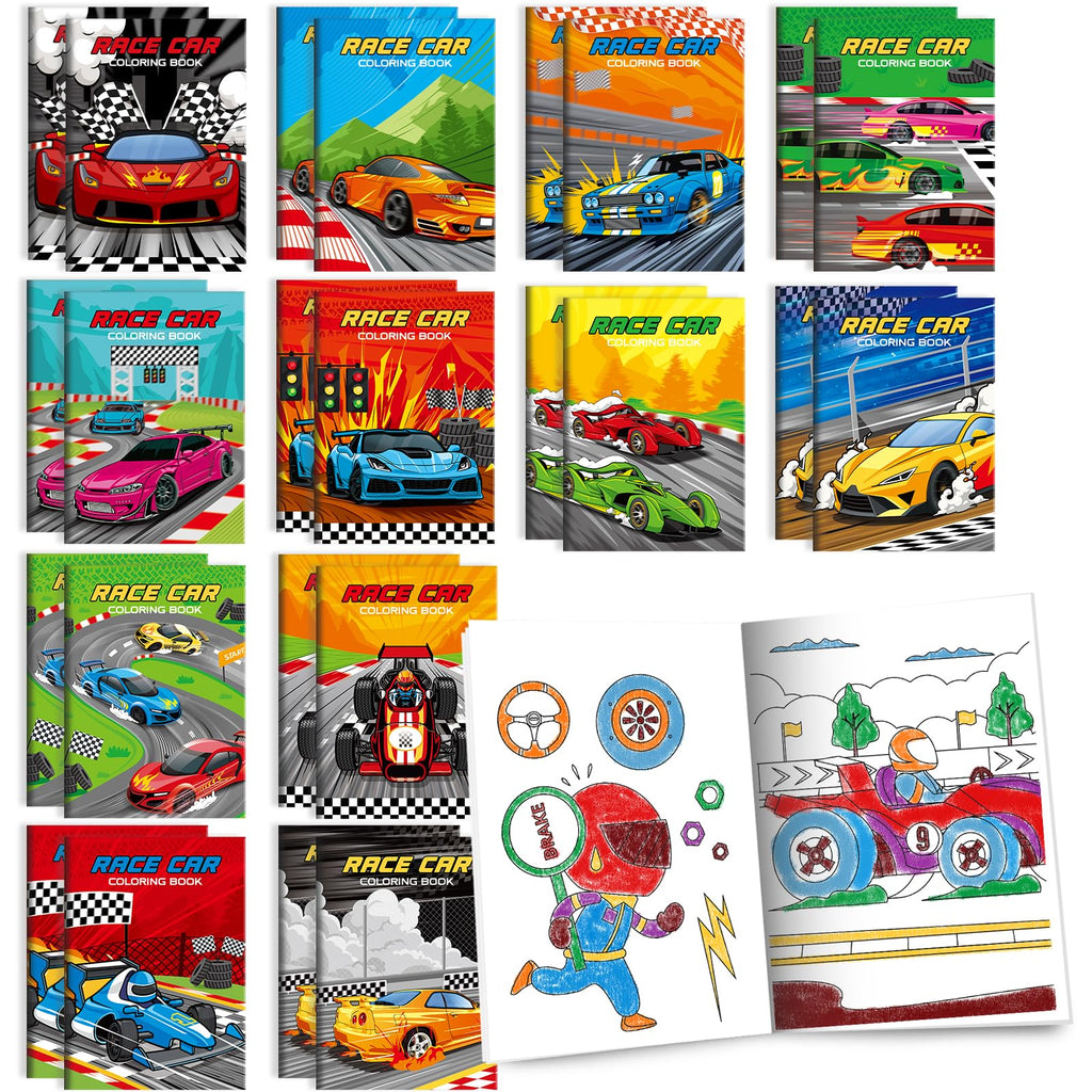 BenLouis 24 Pack Race Car Mini Coloring Books - Small Activity Books for Kids Party Favors, Goodie Bag Stuffers, Classroom Travel