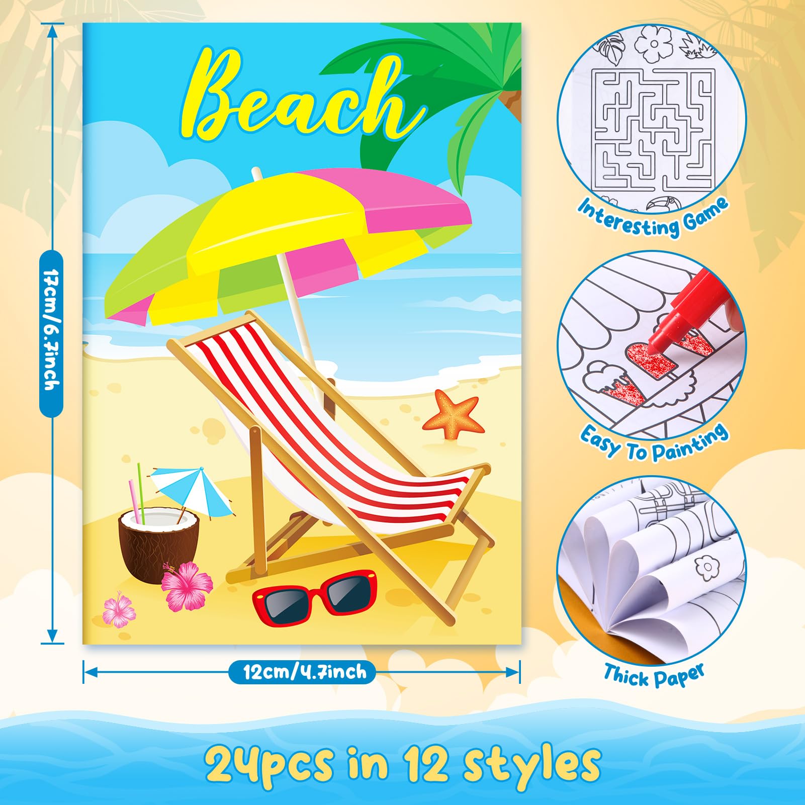 BenLouis 24 Pack Summer Mini Coloring Books - 12 Styles, 72 Patterns for Kids Pool Beach Party Favors & Goodie Bags