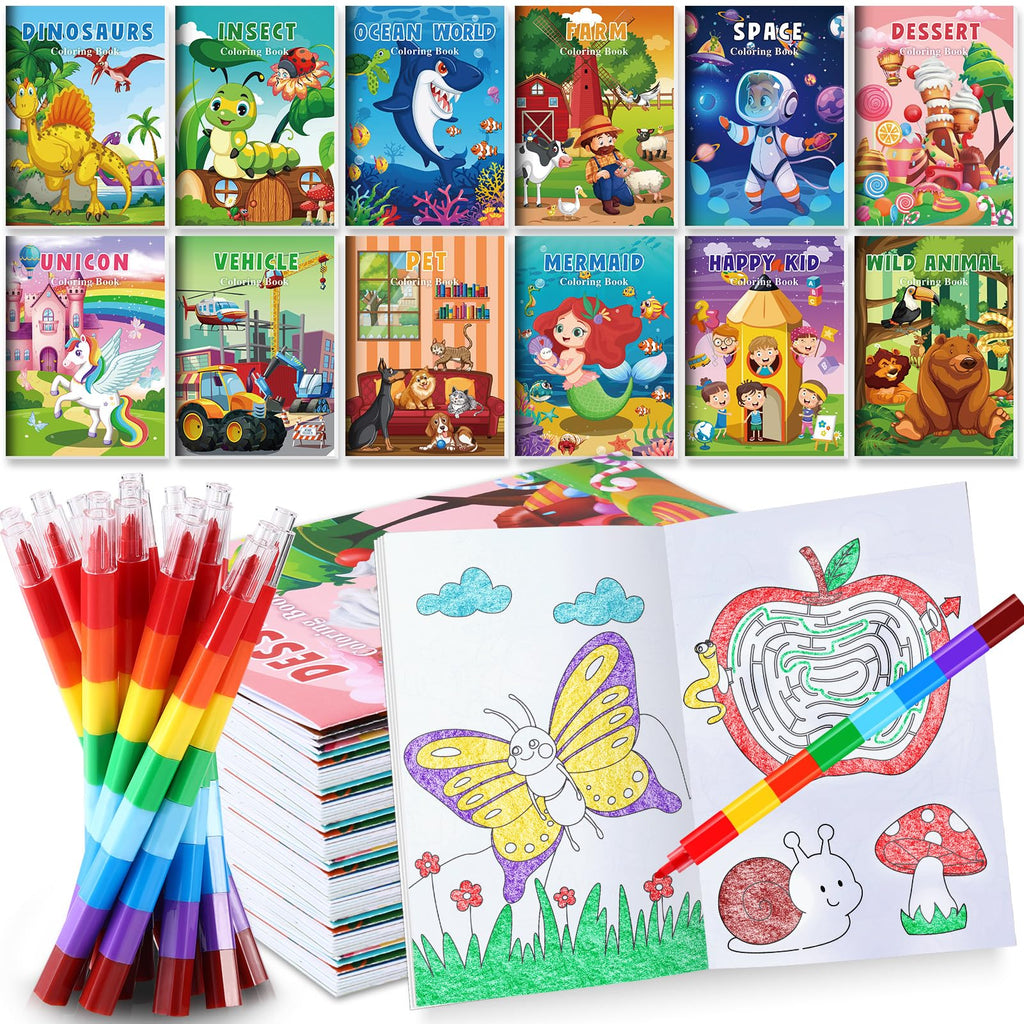 BenLouis Mini Coloring Books Bulk Set with Stacking Crayons – 12 Books + 12 Crayons, 72 Pages, Travel Activity for Kids Ages 4-12