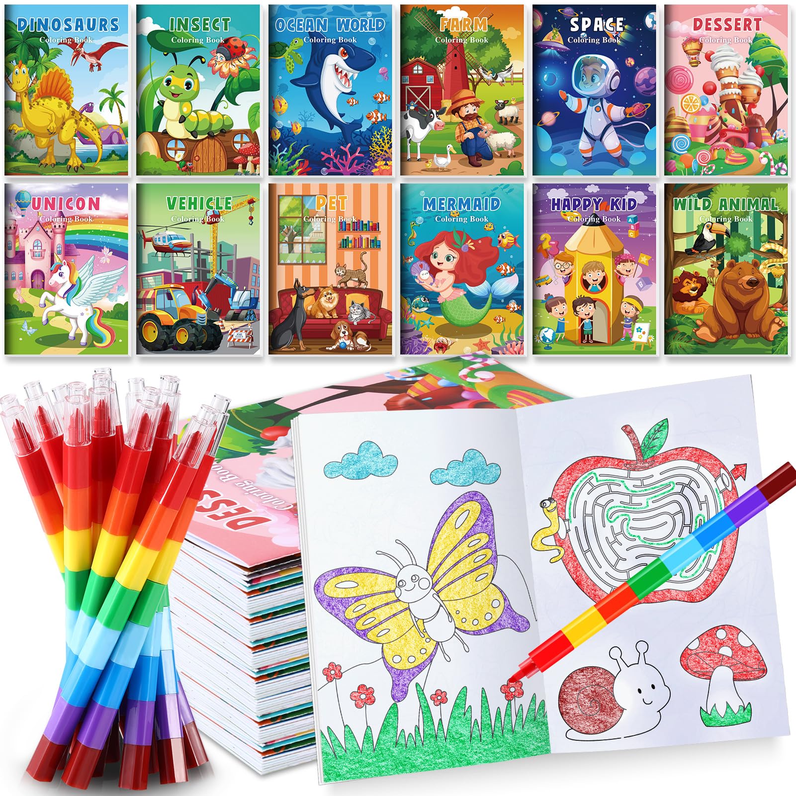BenLouis Mini Coloring Books Bulk Set with Stacking Crayons – 12 Books + 12 Crayons, 72 Pages, Travel Activity for Kids Ages 4-12