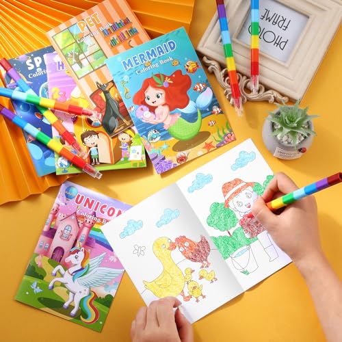 BenLouis Mini Coloring Books Bulk Set with Stacking Crayons – 12 Books + 12 Crayons, 72 Pages, Travel Activity for Kids Ages 4-12