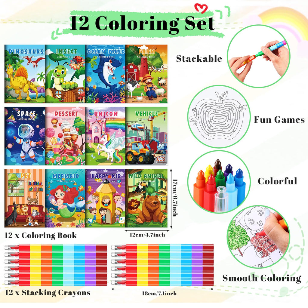 BenLouis Mini Coloring Books Bulk Set with Stacking Crayons – 12 Books + 12 Crayons, 72 Pages, Travel Activity for Kids Ages 4-12