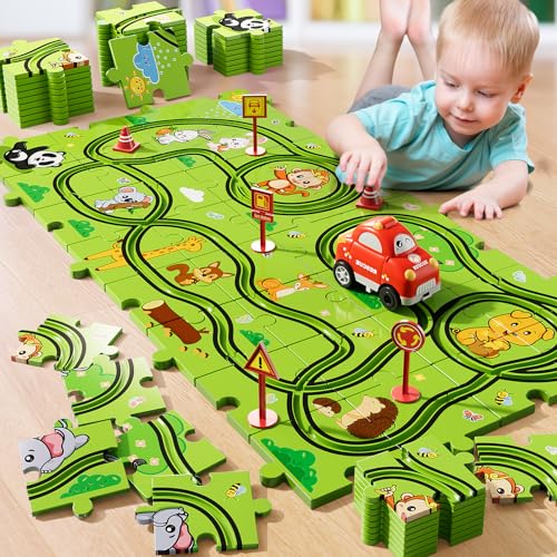 Bennol 39-Piece Animal Car Track Puzzle Set for Toddlers Ages 1-5 – Friction-Powered Car & 6 Traffic Signs